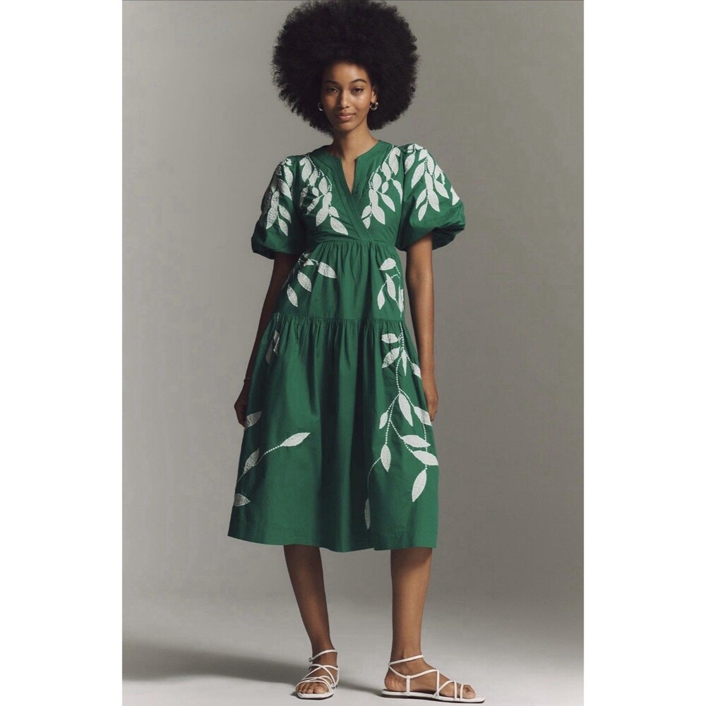 Anthropologie Midi Dress Green Embroidered Appliqué Preppy Boho Size XXSP NWT
